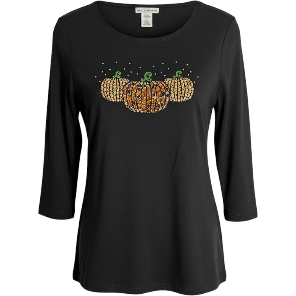 Rebecca Malone Black Long Sleeve Glitter Pumpkin Shirt Size S 100% Cotton
